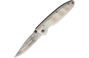 Image of MCUSTA Linerlock White Corian Folding Knife, 3.25in Damascus Steel Blade, White Sculpted Corian Handle, Thumb Stud, Pocket Clip, MC-19D