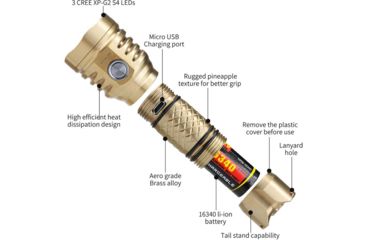 Image of MecArmy PT16 1 x 16340 3 x CREE XP-G2 LED Ultra Bright Rechargeable Flashlight, 1200 Lumens, Brass, PT16-BS