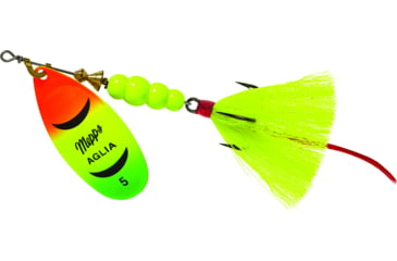 Image of Mepps Aglia In-Line Spinner, 1/2 oz, Dressed Treble Hook, Hot Firetiger Blade &amp; Yellow Tail, B5ST HFT-Y