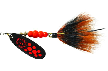 Image of Mepps Black Fury In-Line Spinner, 1/2 oz, Dressed Treble Hook, Fluorescent Red Dot Blade with Gray &amp; Orange Tail, BF5T Fl