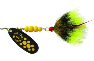 Image of Mepps Black Fury In-Line Spinner, 1/2 oz, Dressed Treble Hook, Yellow Dot Blade with Gray &amp; Yellow Tail, BF5T Y