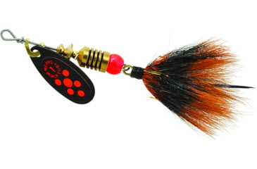 Image of Mepps Black Fury In-Line Spinner, 1/8 oz, Dressed Treble Hook, Fluorescent Red Dot Blade with Gray &amp; Orange Tail, BF1T Fl