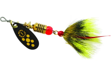 Image of Mepps Black Fury In-Line Spinner, 1/8 oz, Dressed Treble Hook, Yellow Dot Blade with Gray &amp; Yellow Tail, BF1T Y