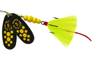 Image of Mepps Double Blade Black Fury In-Line Spinner, 1/2 oz Dressed Treble, Yellow Dot &amp; Tail, BFD5T Y2-Y