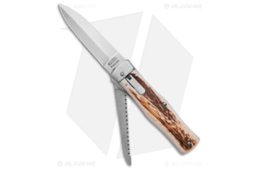 Image of Mikov 241 Predator Automatic Folding Knife, 3.75in, 420, Dagger Blade, Horn, Brown/White Handle, Brown/White/Steel, 8.50 inch, BHQ-183428