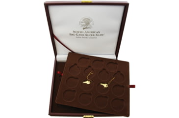 Image of Miscellaneous Collectible Coin Display with Brown Faux Leather Box, Brown Faux Leather Box Measures 11in X 9.5in X 2in, Locking Brass Clasp With Key, Formed Inserts Hold 28 Coins, PDSRGH1904