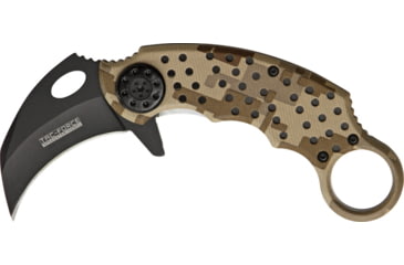 Image of Miscellaneous Speed Assisted Karambit Folding Knife,2.25in,Black Coated Stainless Blade,Alum Handles With Tan Digital Camo Overlay/Black Disck Trim M4091