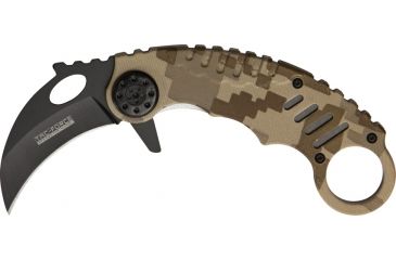 Image of Miscellaneous Speed Assisted Karambit Folding Knife,2.25in,Black Coated Stainless Blade,Tan Digital Camo Anodized Alum Handle/Black Trim M4084