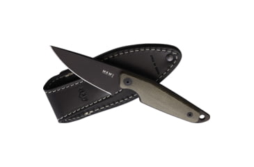 Image of MKM Makro 1 Black Fixed Blade Knife, 6.5in Overall, 2.88in Black Oxide Bohler M390 Stainless Drop Point Blade, Green Micarta Handle, Leather Belt Sheath, MK MA01-GCB