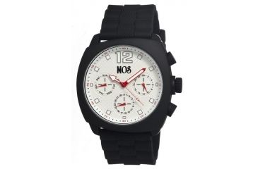 Image of MOS Mens Berlin Strap Watch w/Day and Date Black Bezel, Black/Tonneau-shaped Case, White/analog Dial, Red Hands MOSBN101