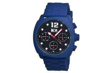 Image of MOS Mens Berlin Strap Watch w/Day and Date Blue Bezel, Blue/Tonneau-shaped Case, Black/analog Dial, Red Hands MOSBN105