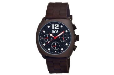 Image of MOS Mens Berlin Strap Watch w/Day and Date Dark Brown Bezel, Dark Brown/Tonneau-shaped Case, Black/analog Dial, Purple Hands MOSBN104