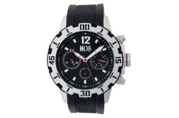 Image of MOS Mens Casablanca Contour Silicone Strap Watch with Day and Date Sub-Dials Silver Bezel, Silver/Circle-shaped Case, Black/analog Dial, Silver Hands MOSCB102