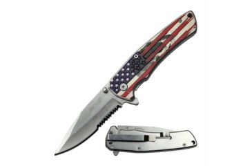Image of Mtech MT-A1027S Spring Assisted Knife, 3.25in, 3CR13 Stainless Steel, Spear Point, Half-Serrated, Steel Blade, Aluminum Handle, American Flag Design, Flag, MT-A1027S