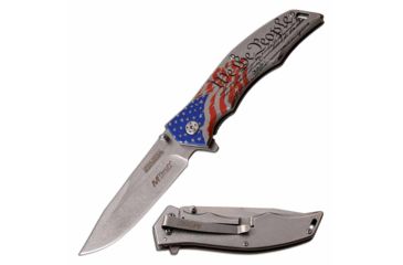 Image of Mtech MU-A098SW Spring Assisted Knife, 3.75in, Stainless Steel, Spear Point, Stonewashed Blade, Stainless Steel Handle w/ American Flag Design, -, MX-A849SW