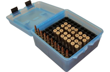 Image of MTM Deluxe Ammo Box 100 Round Handle, WSM WSSM Ultra Mag, Clear/Blue, R-100-MAG-24