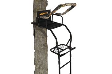 Image of Muddy Outlander Ladderstand, includes 1-1in Ratchet Strap, 2-1in Stabilizer Straps, Adjustable Support Bar, Full Body Arrest Harness, Padded, flip-back Shooting Rail, Black/Camo MLS1100