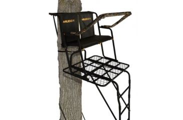 Image of Muddy Partner 2-Man Ladderstand, includes 2-1in Ratchet Strap, 2-1in Stabilizer Straps, 2-Full Body Arrest Harnesses, Adjustable Support Bar, Padded, Flip-Back Shooting Rail, Black/Camo MLS2300