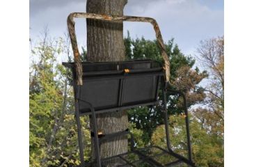Image of Muddy Partner 2-Man Ladderstand, includes 2-1in Ratchet Strap, 2-1in Stabilizer Straps, 2-Full Body Arrest Harnesses, Adjustable Support Bar, Padded, Flip-Back Shooting Rail, Black/Camo MLS2300