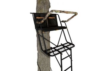 Image of Muddy Side-Kick 2-Man Ladderstand, includes 1-1in Ratchet Strap, 2-1in Stabilizer Straps, 2-Full Body Arrest Harnesses, Adjustable Support Bar, Padded, Flip-Back Shooting Rail, Black/Camo MLS2200