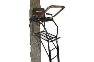 Image of Muddy Skybox Ladderstand, includes 1-1in Ratchet Strap, 2-1in Stabilizer Straps, Adjustable Support Bar, Full Body Arrest Harness, Adjustable Padded Shooting Rail that flips back., Black/Camo MLS1500
