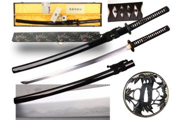 Image of Musashi Gold Collection Katana, 27in 1095 Carbon Steel And 65 Mn Steel Traditional Hand Forged Blade, Real Ray Skin Wrapped Grip And Silk Cord Wrapped Handle, Black, SS411-2