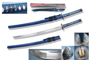 Image of Musashi Hand Forged Damascus Steel Katana, 27in Firing Pattern Steel Blade, High Quality Piano Paint Finished Scabbard, Blue, SS242BL