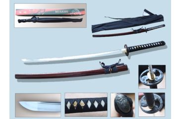 Image of Musashi Hand Forged Katana, 27in Blade, Real Ray Skin Wrapped Grip And Black Cotton Cord Wrap, High Quality Piano Paint Burgandy, SS814BD