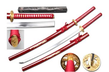Image of Musashi Musha Handmade Samurai Swords, 40 1/2 1045 Carbon Steel Blade w/ Crystal Dragon On The Scabbard, Red, SS064RD
