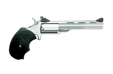 Image of North American Arms Mini-Master Revolver, .17 Hornady Magnum Rimfire, 4 in barrel, stainless steel frame, black rubber grip, revolving chamber, single-action, half-way notch cylinder, blade front, notch rear, 5 round magazine, NAA-MINI-MST-FRRMPG