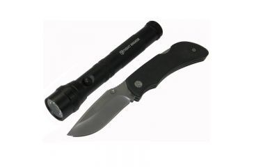 Image of Night Armor Knife/Light Combo,2AA LED Flashlight,130 Lumens and Knife,Overall Length 7.4in,Drop Tip Point Steel Blade,Pakka Wood Handle,Matte Black NA807CBO