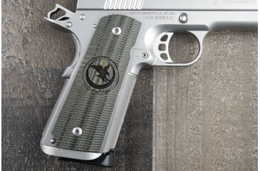 Image of Nighthawk Custom Government/Commander Gator Back Grip, Green/Black Linen, Thumb Notch, Nighthawk Logo, G106