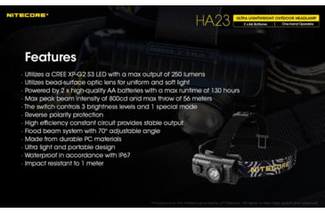Image of Nitecore HA23 250 Lumen Ultra Lightweight Headlamp, Use 2xAA, Black, 6952506405091