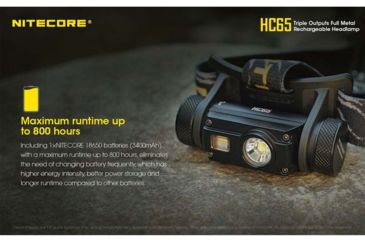 Image of Nitecore HC65 1 x 18650/ 2 x CR123A/ 16340 CREE XM-L2 U2 LED Rechargeable Headlamp, 1000 Lumens, Black, HC65