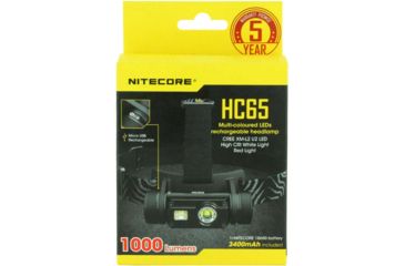 Image of Nitecore HC65 1 x 18650/ 2 x CR123A/ 16340 CREE XM-L2 U2 LED Rechargeable Headlamp, 1000 Lumens, Black, HC65