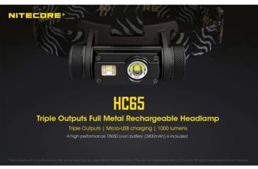 Image of Nitecore HC65 1 x 18650/ 2 x CR123A/ 16340 CREE XM-L2 U2 LED Rechargeable Headlamp, 1000 Lumens, Black, HC65