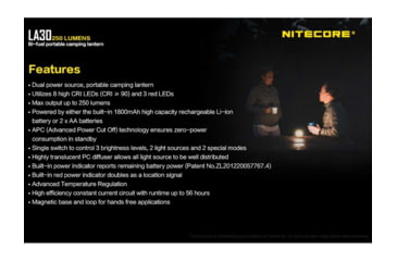 Image of Nitecore LA30 Bi-Fuel 1 x Built-In Li-ion Battery Pack / 2 x AA High CRI LED Camping Lantern, 250 Lumens, Yellow, LA30-YELLOW
