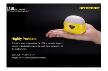 Image of Nitecore LA30 Bi-Fuel 1 x Built-In Li-ion Battery Pack / 2 x AA High CRI LED Camping Lantern, 250 Lumens, Yellow, LA30-YELLOW
