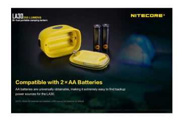 Image of Nitecore LA30 Bi-Fuel 1 x Built-In Li-ion Battery Pack / 2 x AA High CRI LED Camping Lantern, 250 Lumens, Yellow, LA30-YELLOW