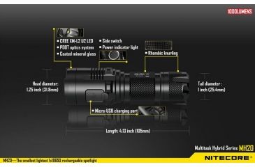 Image of Nitecore MH20 Rechargeable CREE XM-L2 U2 LED Flashlight,1000 Lumens, Black NITECORE-MH20