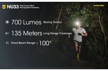 Image of Nitecore NU33 Triple Output Rechargeable LED Headlamp, 700 Lumens, USB-C, Black, FL-NITE-NU33-BK
