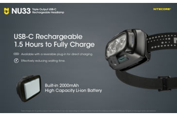 Image of Nitecore NU33 Triple Output Rechargeable LED Headlamp, 700 Lumens, USB-C, Black, FL-NITE-NU33-BK