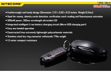 Image of Nitecore Tube Rechargeable UV LED USB Rechargeable Keylight, Black NITECORE-TUBE-UV