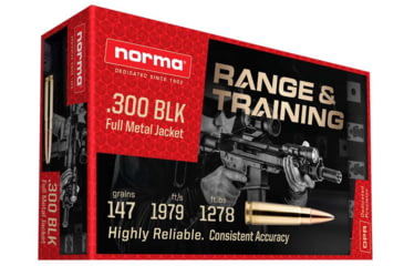 Image of Norma Range &amp; Training .300 Blackout 147 Grain FMJ Brass Cased Rifle Ammo, 20 Rounds, 601801709