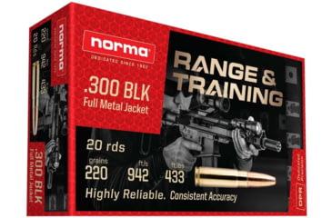 Image of Norma Range &amp; Training .300 AAC Blackout 220 Grain FMJ Brass Cased Rifle Ammo, 20 Rounds, 601804287
