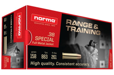 Image of Norma Range and Training .38 Special 158 Grain Full Metal Jacket Brass Cased Pistol Ammo, 50 Rounds, 803008493