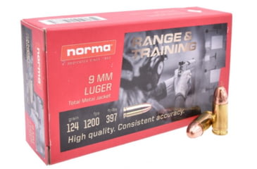 Image of Norma Range and Training 9 mm 124 Grain Full Metal Jacket Brass Cased Pistol Ammo, 50 Rounds, 801902144