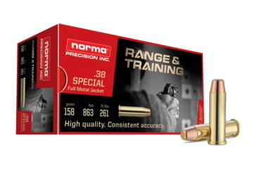 Image of Norma Range Training FMJ .38 Special 158 grain Full Metal Jacket Brass Cased Centerfire Pistol Ammo, 50 Rounds, 620540050
