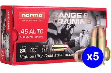 Image of Norma Range Training FMJ .45 ACP 230 grain Full Metal Jacket Brass Cased Centerfire Pistol Ammo, 250 Rounds