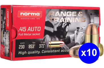 Image of Norma Range Training FMJ .45 ACP 230 grain Full Metal Jacket Brass Cased Centerfire Pistol Ammo, 500 Rounds